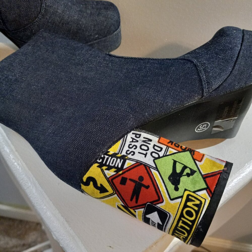 Cartoon Heel Denim Boots - Picture 1 of 9